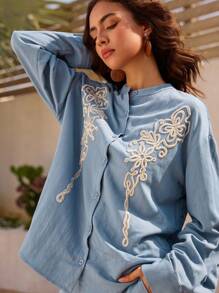 DAZY Damen 3D besticktes Oberteil und weite Hose Set, Retro Stil Lässig Urlaubsoutfit Blaue Bluse für Damen Boho Hemden Damen Bestickte Hemden für Damen Damen Blaue Tops, Herbstkleidung - Blau - Übersicht 2