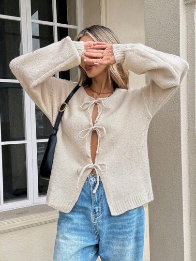 Serisse Damkofta med knut i överdimensionerad färg, långärmad, pendling, minimalistisk, kontorskläder, gamla pengar, enkel, damkofta med knytband framtill, enfärgad stickad tröja, kan bäras över en t-shirt, söt kofta i överdimensionerad storlek, vi rekommenderar att köpa en storlek mindre! Supervarm och mjuk!,Långärmade toppar,Stickad tröja höst/vinter