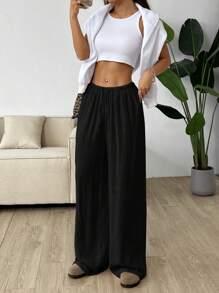 SHEIN EZwear Plus Size Solid Color Casual Knotted Wide Leg Pants, Wide Leg Linen Pants,Business Casual Woman - Black - View 3