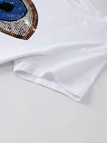 INAWLY 水钻眼睛图案休闲百搭圆领短袖T恤，夏季 - 白色 - 查看 4