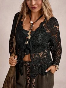 Freevana Plus Size Casual Solid Color Openwork Knit Cardigan Winter Fall Autumn - Black - View 6