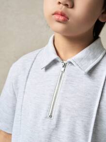 SHEIN 儿童男童休闲纯色翻领半拉链 Polo 衫，百搭，适合春、夏、秋、冬上学、花园、海滩、生日 - 白色 - 查看 5