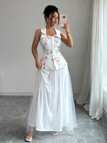 Elenzga Spring/Summer New Women's Elegant Print, Floral Pattern, Print, Sleeveless Lapels, Waist Cinched Elegant Design Top And White Mesh Paneled Maxi Skirt 2-Piece Women's Suit