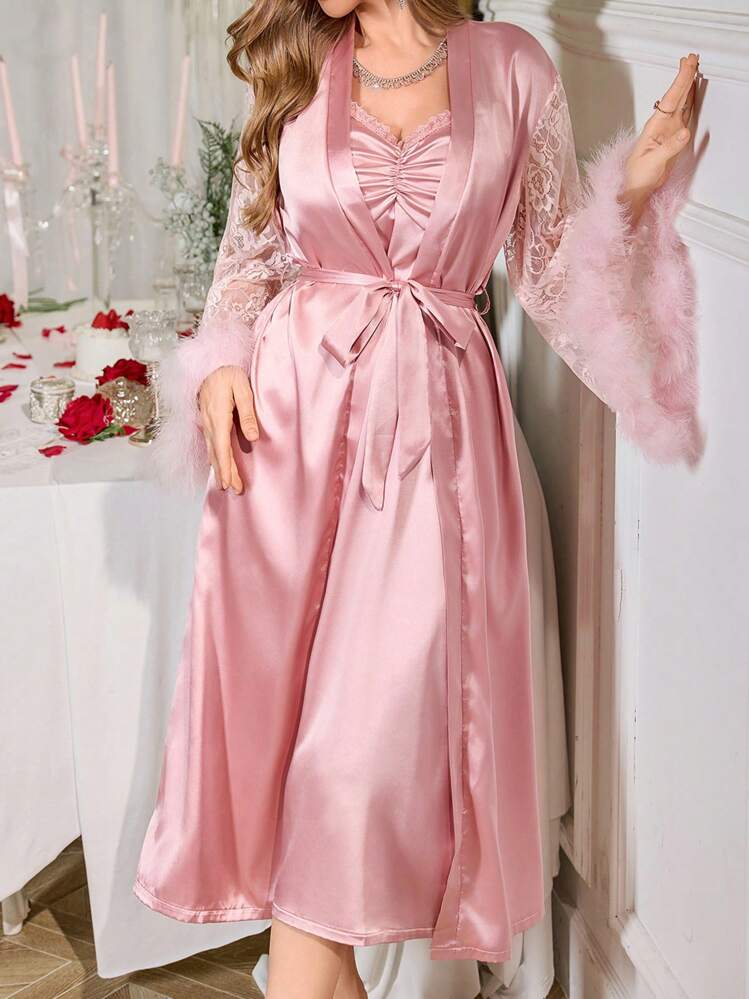 Feather Decor Lace Patchwork Flare Sleeve Satin Belted Robe & Cami Nightgown Set, Luxurious And Elegant Pajamas, Wedding Robe And Nightdress Set, Bridal Robe Sets, Satin Robe Set, Fall Winter Clothes - Pink - View 5
