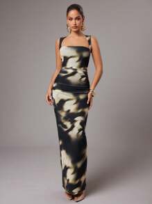 Silquee 女士扎染天鹅领褶皱无袖修身加长连衣裙 - 彩色 - 查看 3