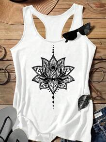 EMERY ROSE Plus Size Women Casual Simple Lotus Flower Pattern Camisole Tank Top, Suitable For Summer Graphic Top Back To School,Spring/Vacation - White - View 1