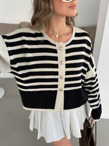 EURMUSE 女士黑白休闲毛衣 - 黑與白 - 查看 4