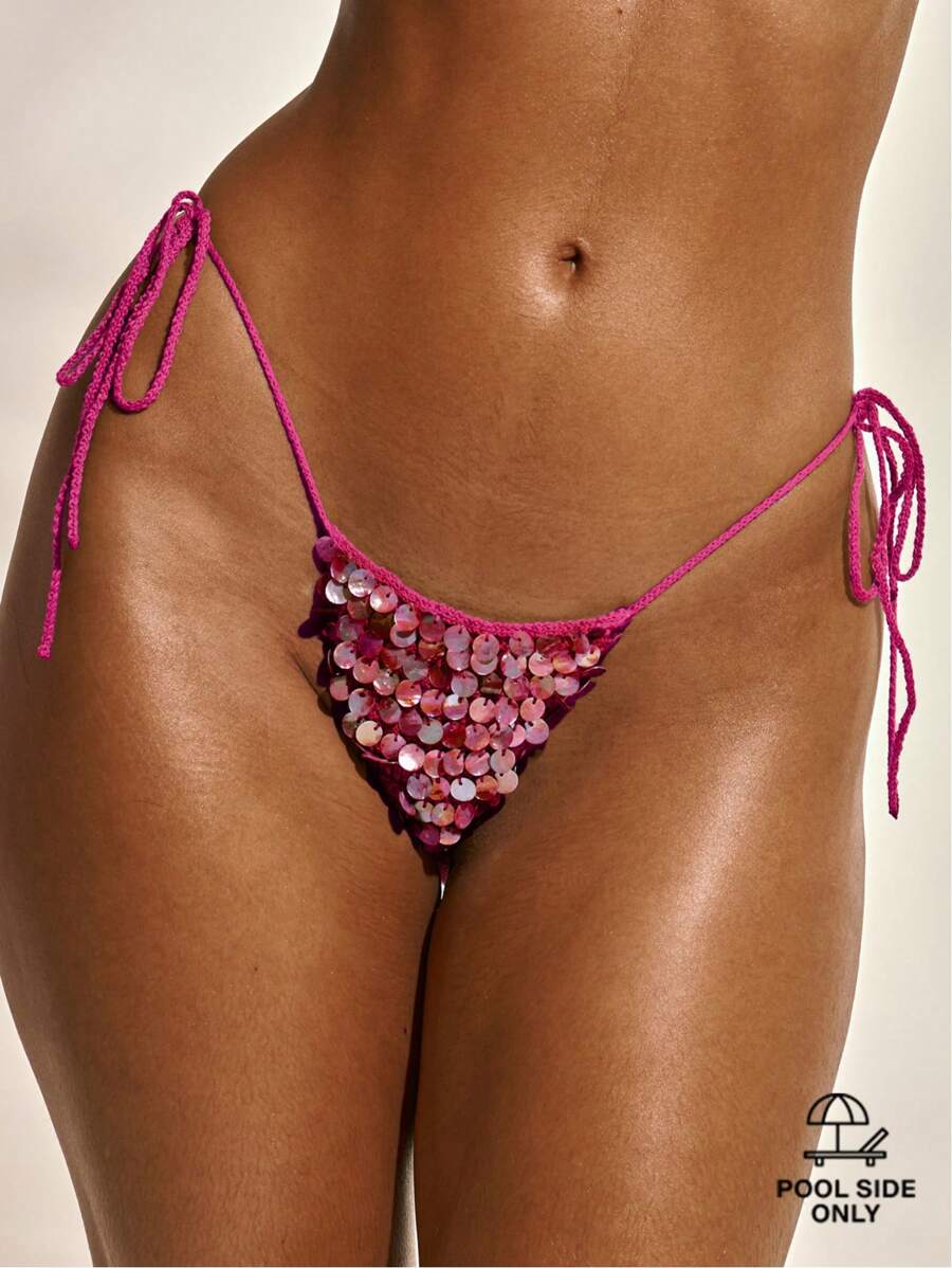 Musera Sport Bas de bikini en tricot iridescent à nœud sur le côté. Maillot de bain de plage pour les vacances d'été. Mignon, sexy, élégant, pour festival, rave, bohème avec sequins