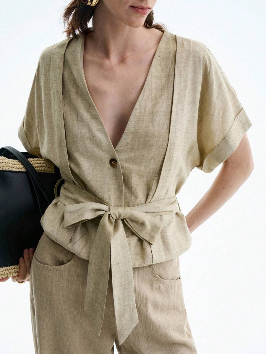 Aalyst Women's Casual V-Neck Button Decor Linen Patchwork Bodysuit - Apricot - View 1