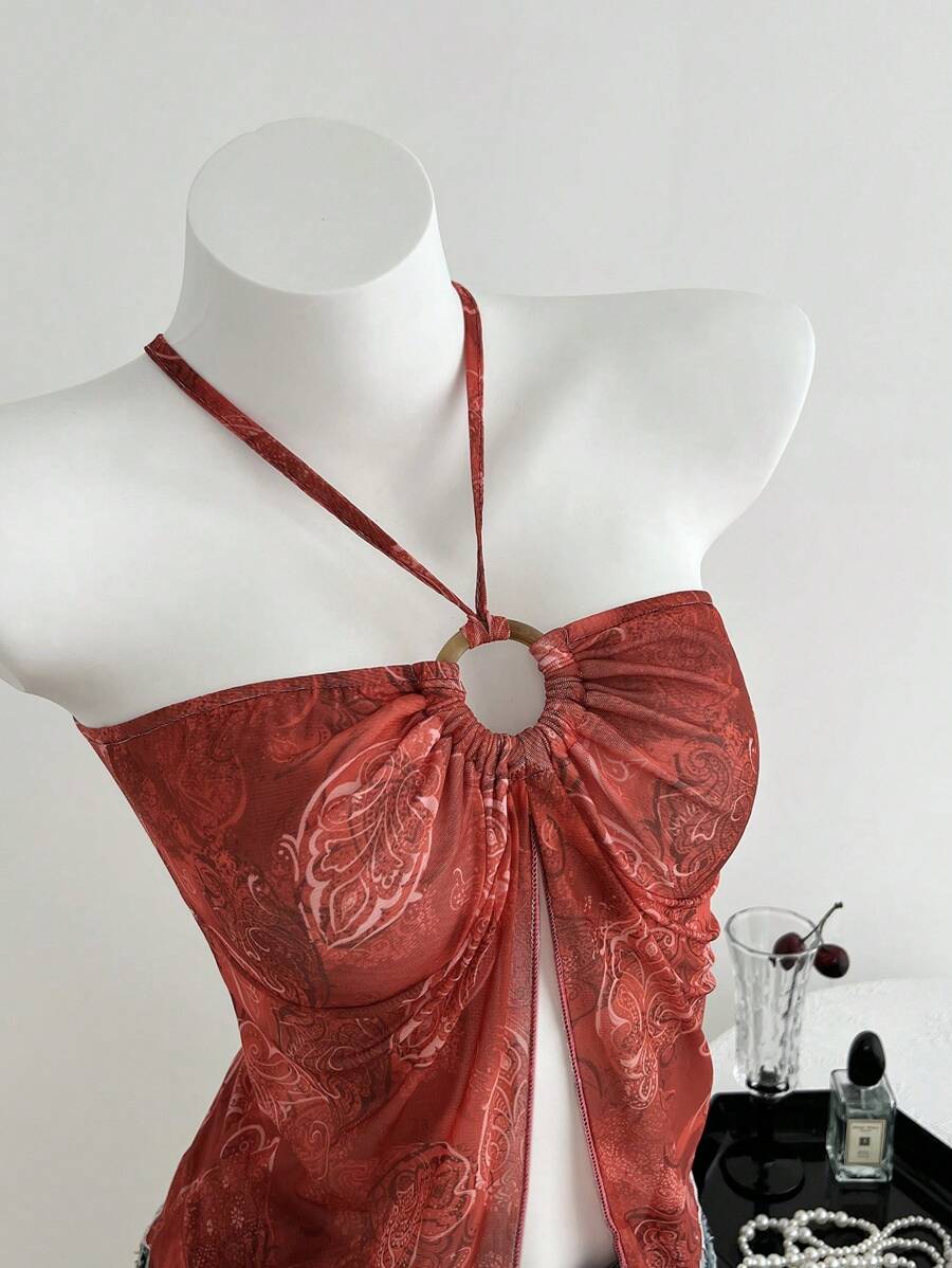 Elamini Women's Casual Racerback Camisole With Cashew Floral Print, Navy Blue, Spring/Summer - Red - View 1