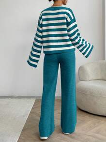 EURMUSE Women Stripe Pattern Front Button V-Neck Drop Shoulder Cardigan & Sweater Pants Set - Green - View 2