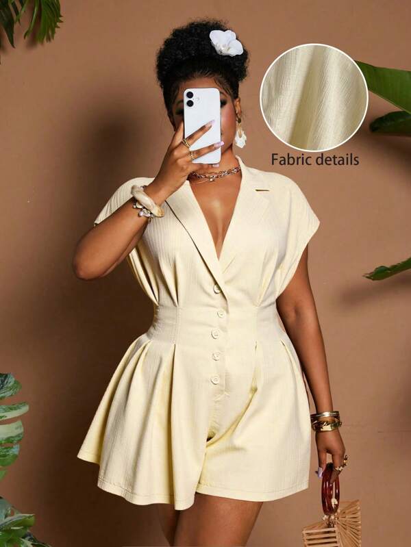 Maweii Plus Size Women Casual Turn-Down Collar Solid Color Front Button Ruched Romper Shorts