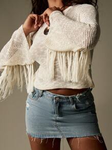 MISSGUIDED Bohemian Knit Sweater With Fringe Detail Long Sleeve Boho Fall Winter Casual Pullover Beach Cover Up Festival Knitwear - White - View 5