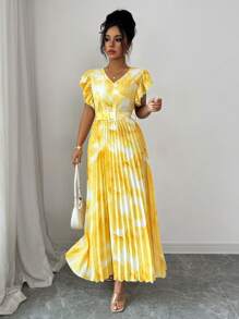 Modelyn Vestido largo con estampado floral efecto tie-dye y volantes en el bajo para mujer - Amarillo - Ver 7