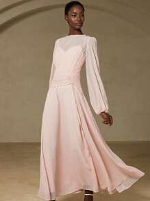 Aveloria Rosie Novo Elegante Vestido Longo de Manga Longa em Estilo Francês Refinado, Cor Sólida, Chiffon, Decote Redondo, Pregas, Cordão na Cintura, Bainha Assimétrica - Rosa chiclete - Visão 3