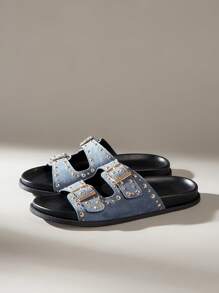 Solecia 女士时尚黑色休闲舒适平底沙滩凉鞋 - 淺藍色 - 查看 2