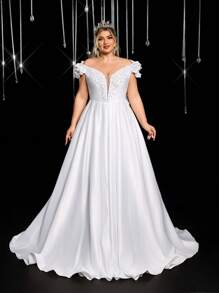 Glamrae Vestido de novia de línea A con escote en V profundo, manga de nubes con volantes, decorado con cristales y parches, con cola, elegante y romántico, para tallas grandes - Blanco - Ver 5