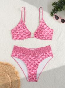 SHEIN Swim 女式简约全身印花高腰比基尼套装，细肩带，小V领，夏季 - 粉色 - 查看 3