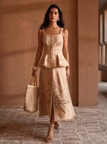 MOTF PREMIUM LASER CUT PEPLUM WAIST RAW EDGE MIDI DRESS - Brown - View 5