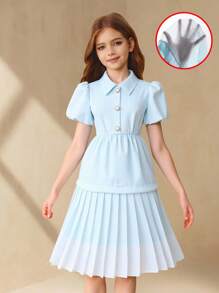 Girls' Solid Color Collar Puff Sleeve Cinched Waist Elegant Dress, Summer - Blue - View 1