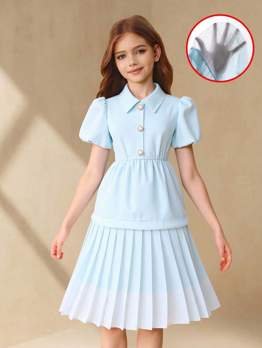 Girls' Solid Color Collar Puff Sleeve Cinched Waist Elegant Dress, Summer - Blue - View 1