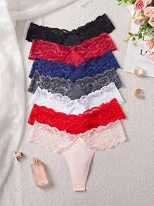 SHEIN 7条女士法式蕾丝拼布丁字裤
