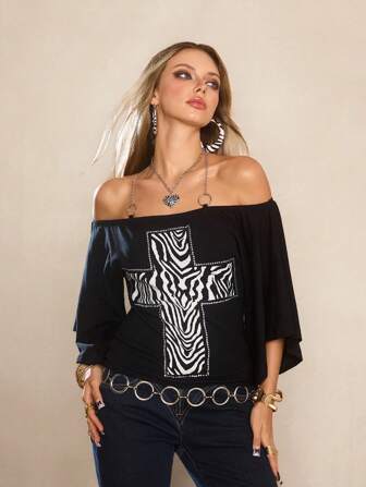 J-Fashion Camiseta de Body con estampado de cebra, adorno de strass en forma de cruz y mangas de murciélago, de estilo retro Y2K para mujeres