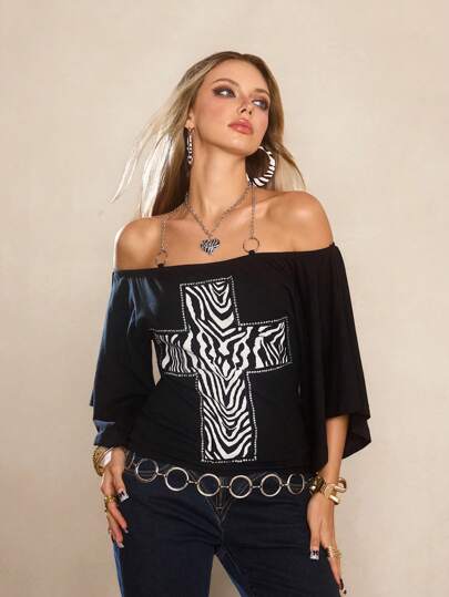 J-Fashion Retro Y2K Bodycon T-Shirt For Women, Featuring Zebra Print, Cross Rhinestone Decor, And Batwing Sleeves