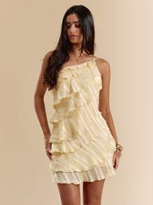 SHEIN BAE Vestido mini de unicolor melocotón con hojas de loto en capas, apto para uso diario, salidas nocturnas, discotecas, fiestas, reuniones, fiestas de cóctel, fiestas de piscina, ropa de vuelta al colegio, vestidos de temporada escolar, vestidos de vacaciones, ropa de festivales de música, ropa de festivales de música country, ropa de conciertos, vestido amarillo mantequilla - Amarillo - Ver 3