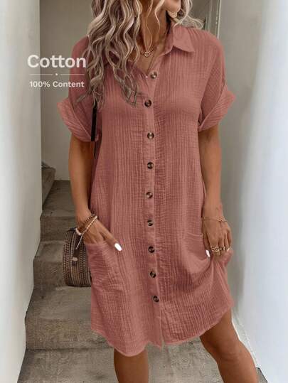 SHEIN LUNE Summer Women's Solid Color Bat Wing Sleeve Shirtbaggy Dress