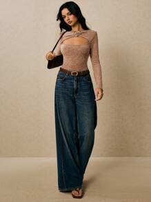 Poéselle Women's Solid Color Metal Decor Hollow Out Design Long Sleeve Fitted T-Shirt, Women Knit Top With Buckle, Women Western Knit Top