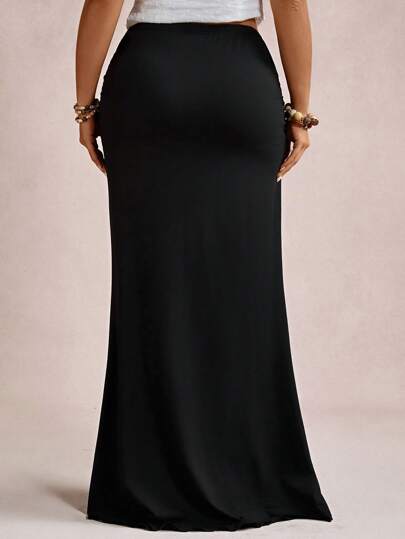 Freevana Plus Size Elegant Vintage Romance Fitted Flared Maxi Knitted Skirt For Party And Gathering, Autumn/Winter