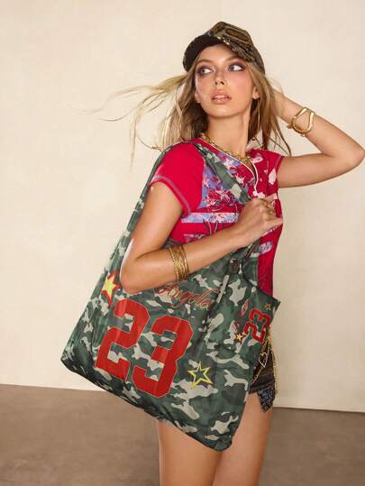 Grunge Punk Fashion Camouflage Numeral & Letter Star Pattern Large Capacity Foldable Tote Bag With Coin Purse, No.1398266