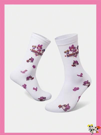 THE POWERPUFF GIRLS X SHEIN 1双可爱卡通字母印花白色中筒袜