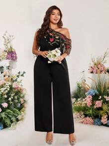 Cravure Plus Size Women's Patchwork Mesh Embroidered Shawl Elegant Jumpsuit - Multicolor - View 3