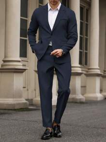 Manfinity Mode Solid Color Single Breasted Long Sleeve Blazer Jacket And Side Pocket Suit Pants Suit Set Men Suits Blue Men Suits Slim Fit Men Blue Suit Two Pieces Suit Men Men Dress Suit A Great Gift For A Boyfriend Or Husband. - Navy Blue - View 7
