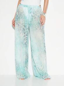 KIZN Quần đi biển màu nước ống rộng có dây rút mặc đi nghỉ dưỡng, đồ bơi mặc đi biển, đồ mặc đi nghỉ bên hồ bơi, quần Palazzo mỏng - màu xanh lá - Xem 3