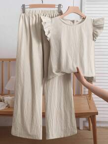 SHEIN 2 件套青少年女孩休闲百搭基本通勤舒适荷叶边纽扣梭织纯色圆领衬衫和宽松梭织裤，杏色，适合休闲、运动、度假、郊游、派对、购物、上学、返校 - 杏色 - 查看 2