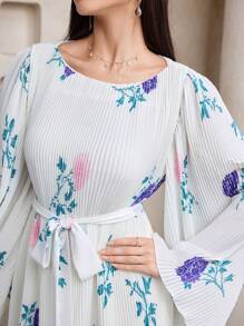 Veilorie 1pc Women's Floral Print Belted Elegant Long Sleeve Dress  Occasion Dresses   Tea Party Dress Birthday Women Outfits - White - View 7