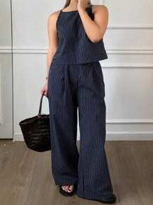 Dazy Plus Set de 2 piezas: Camiseta de tirantes a rayas y pantalón de pierna recta, de verano