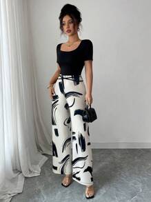 Rafferiza 时尚休闲撞色条纹拼接系带短袖女式连体裤 - 彩色 - 查看 3