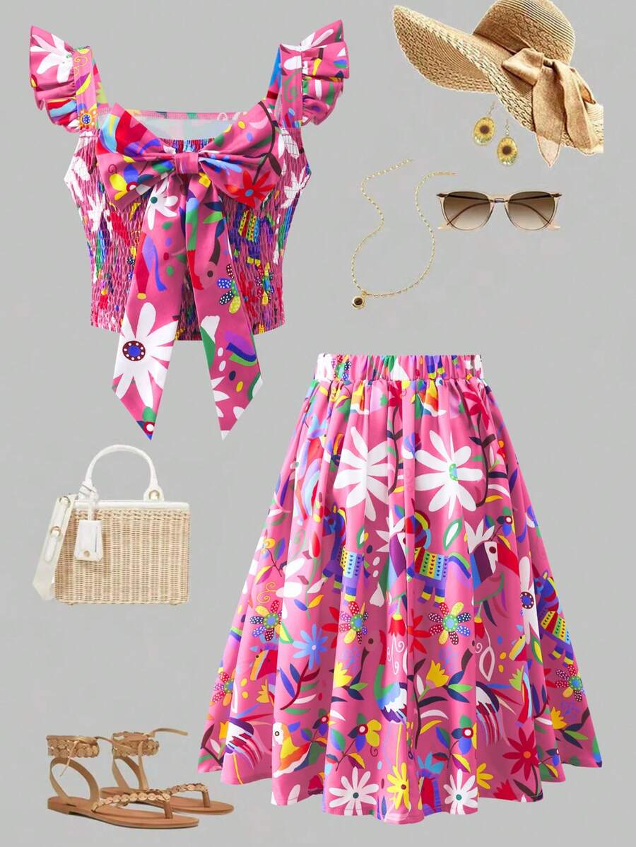 2pcs/Set Tween Girls Casual Mexican Girl Print Bowknot Cap Sleeve Top & Floral Pattern Flare Skirt Outfit - Multicolor - View 1
