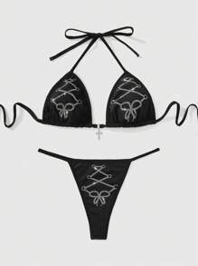 ROMWE Gothic Goth Style Bow Cross Rhinestone Halter Bra And Thong Lingerie Set With Bandage - Black - View 1