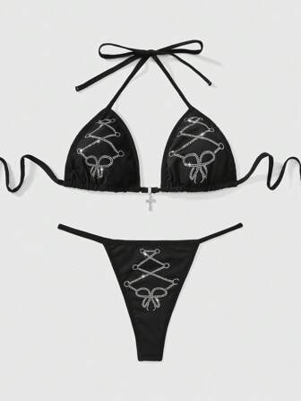 Goth Gothic Goth Style Bow Cross Rhinestone Halter Bra And Thong Lingerie Set With Bandage