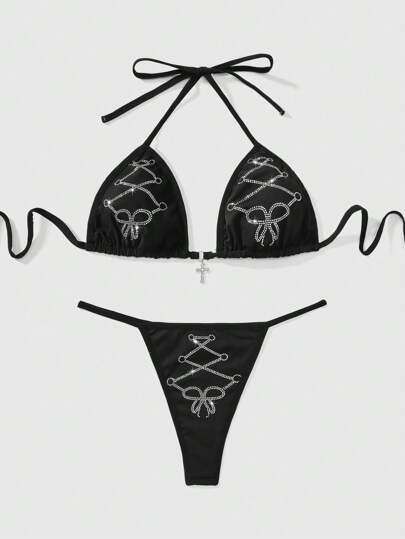 Gothic Goth Style Bow Cross Rhinestone Halter Bra And Thong Lingerie Set With Bandage