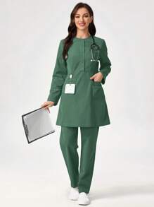 TaskEZ Solid Color Pocket Designed Long Sleeve Top And Long Pants Nursing Scrub Uniform Set, Women Scrub Sets, Nursing Scrubs, Women Workwear Scrubs - Army Green - View 5