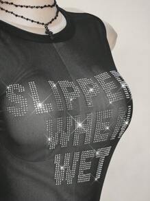 SHEIN ICON 加大码 Y2k 夏季黑色网眼透视性感水钻闪光女式水钻字母网眼露背紧身吊带背心 - 黑色 - 查看 8