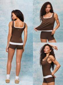 GLOWMODE Pima Cotton Layer Up Soft Stretchy Lightweight Contrast Color Square Neck Double Layer Strappy Cami Tank Top Low Impact Yoga Pilates Studio Gym Daily - Chocolate Brown - View 6