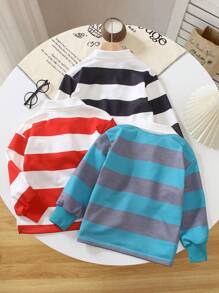 3 件套年轻男孩条纹拼色 Polo 领长袖运动衫，简单百搭，适合外出、户外和拍照