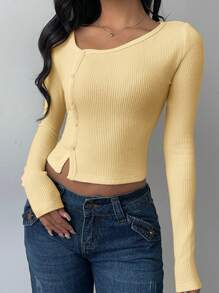 SHEIN BASICS Top de manga larga ajustada de punto de color liso informal para mujer - Amarillo - Ver 4